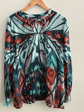 Chico's Abstract Butterfly-Print Long Balloon Sleeve Blouse Sz 3 XL 16-18 Art